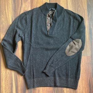 Raffi Merino Cashmere Quarter Button Mock Neck Sweater With Elbow Patches